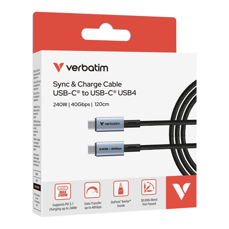 Kabel USB 4 Verbatim USB-C(M) - USB-C(M) 1,2m, 240W, PD, cza… | PartsPC.pl