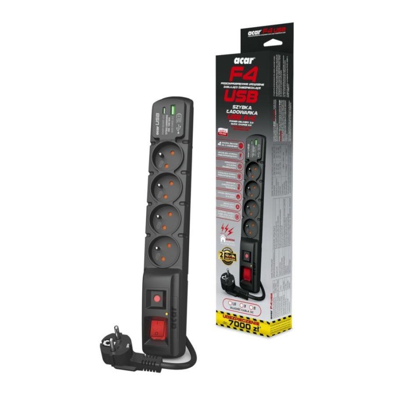 Listwa przeciwprzepięciowa Acar F4 USB A+C W2439 z szybką ładowarką 1,5m