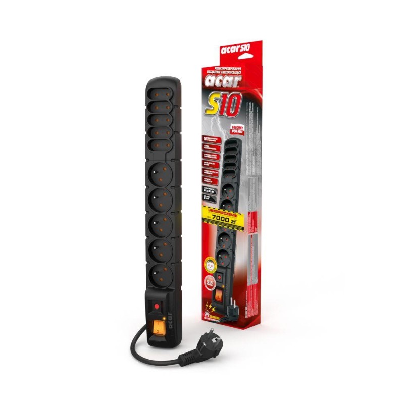 Listwa przeciwprzepięciowa Acar S10 czarna automat 1,5 m | PartsPC.pl