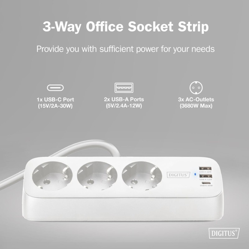 Listwa zasilająca biurkowa DIGITUS 3 gniazda Schuko, 2x USB-… | PartsPC.pl