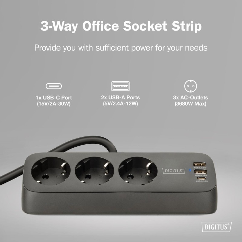 Listwa zasilająca biurkowa DIGITUS 3 gniazda Schuko, 2x USB-… | PartsPC.pl