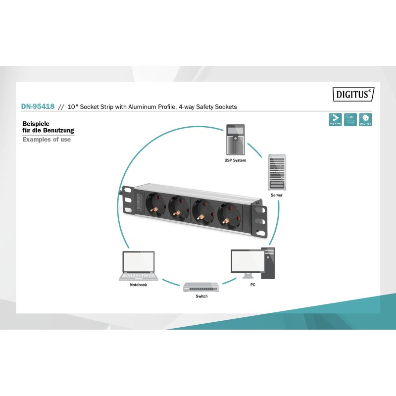 Listwa zasilająca DIGITUS do szaf 10" RACK 4xSchuko, 2m 1xSc… | PartsPC.pl