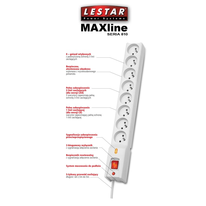 Listwa zasilająca Lestar LX 810 1,5m szara | PartsPC.pl
