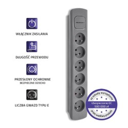 Listwa zasilająca Qoltec 6 gniazd | 1.8m | Szara | PartsPC.pl