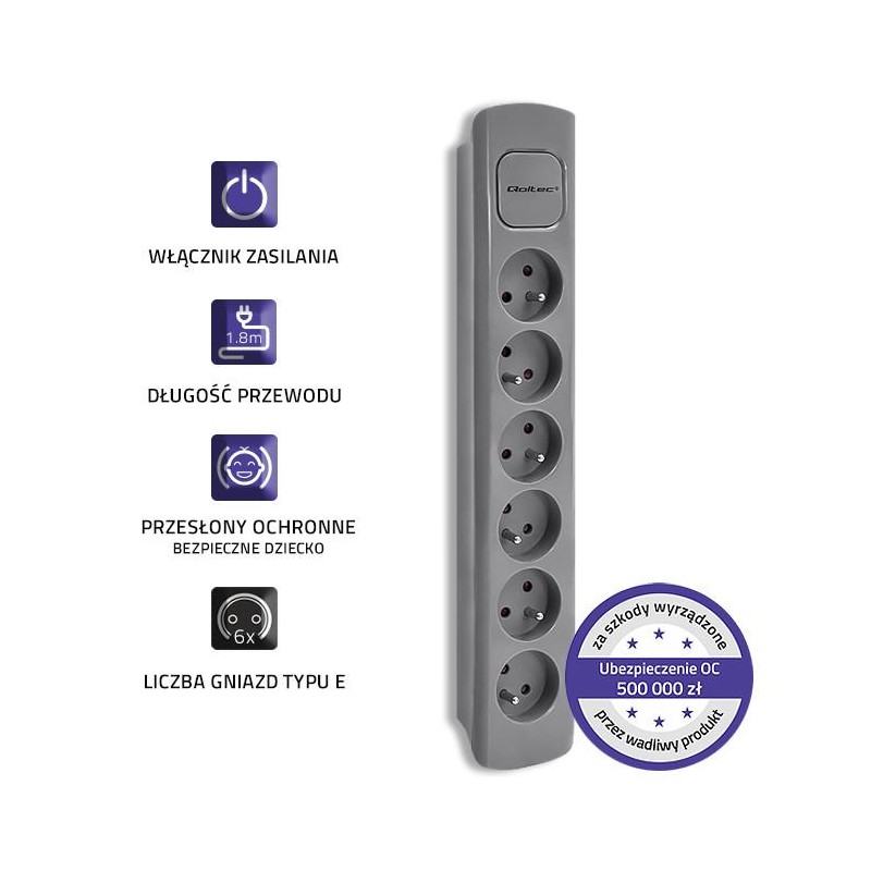 Listwa zasilająca Qoltec 6 gniazd | 1.8m | Szara | PartsPC.pl