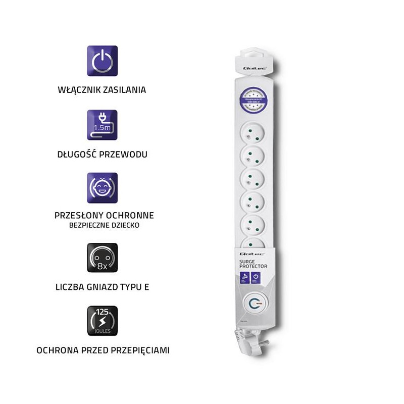 Qoltec Listwa antyprzepięciowa | 8 gniazd | 1.5m | PartsPC.pl