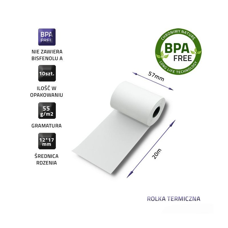 Rolka termiczna Qoltec 57 x 20 | 55g/m2 | 10szt. | BPA free… | PartsPC.pl