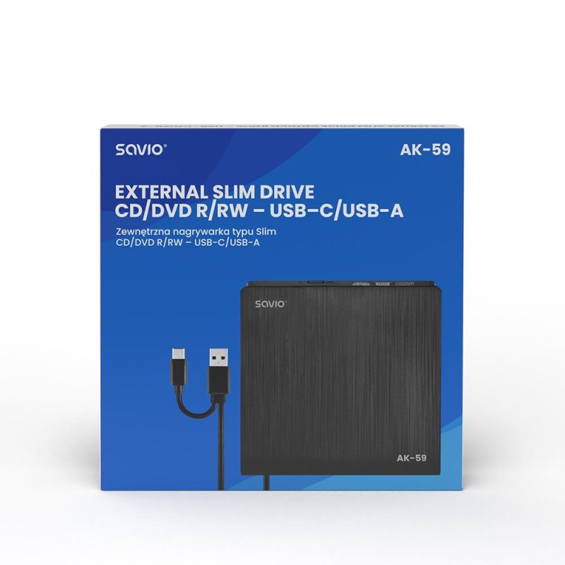 Nagrywarka DVD-RW SAVIO AK-59 zewnętrzna slim USB-C/USB-A | PartsPC.pl