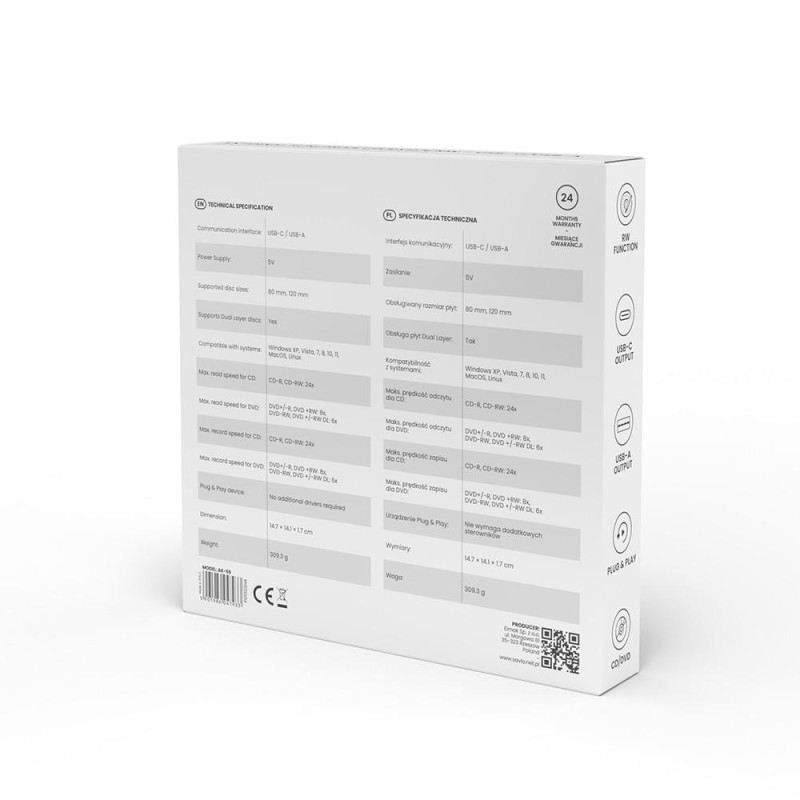 Nagrywarka DVD-RW SAVIO AK-59 zewnętrzna slim USB-C/USB-A | PartsPC.pl