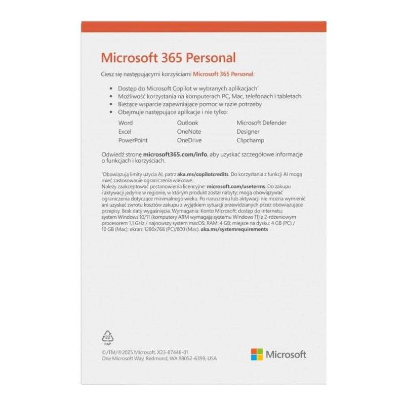 Oprogramowanie Microsoft M365 Personal PL 1Y 1U 5D Win/Mac E… | PartsPC.pl