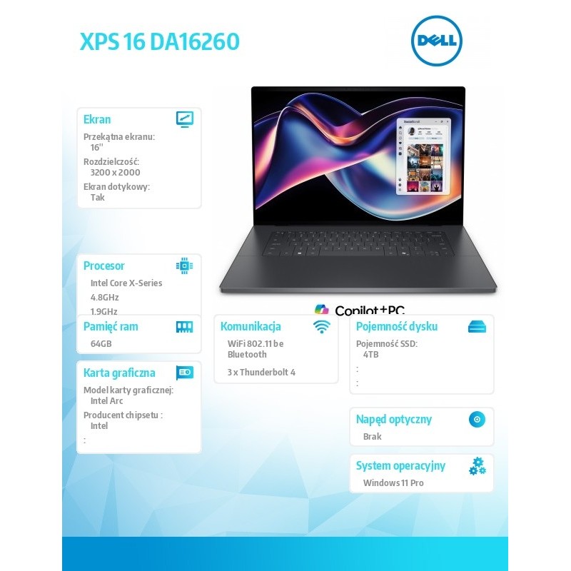 Laptop XPS 16 DA16260  Win11Pro Core Ultra X7 358H/64GB/4TB/… | PartsPC.pl
