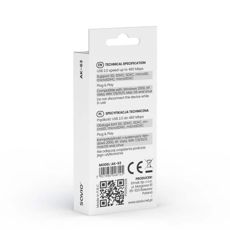 Czytnik kart SD SAVIO AK-63, USB 2.0 | PartsPC.pl