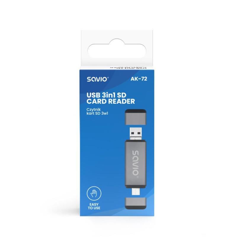 Czytnik kart SD 3w1 SAVIO AK-72, USB-C+ USB-A 2.0+ Micro USB