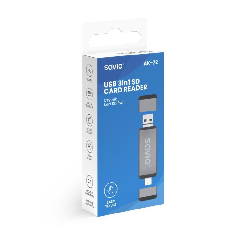 Czytnik kart SD 3w1 SAVIO AK-72, USB-C+ USB-A 2.0+ Micro USB