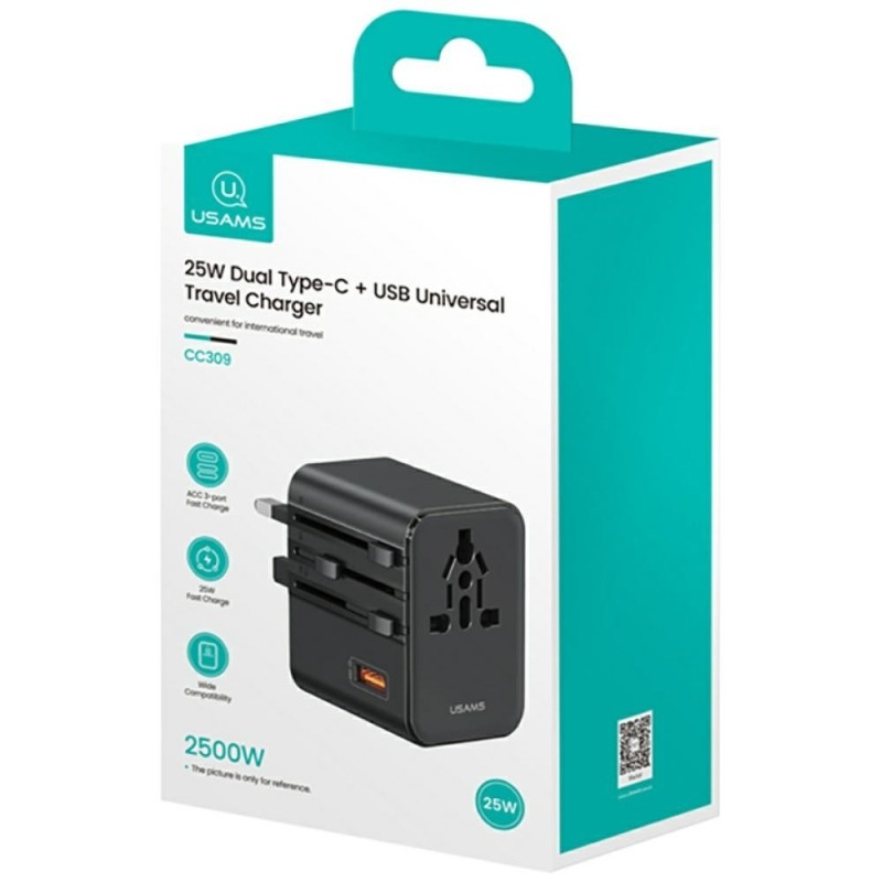 Ładowarka Travel Adapter 25W US/AU/EU/UK 2xUSB-C czarny 4w1 | PartsPC.pl