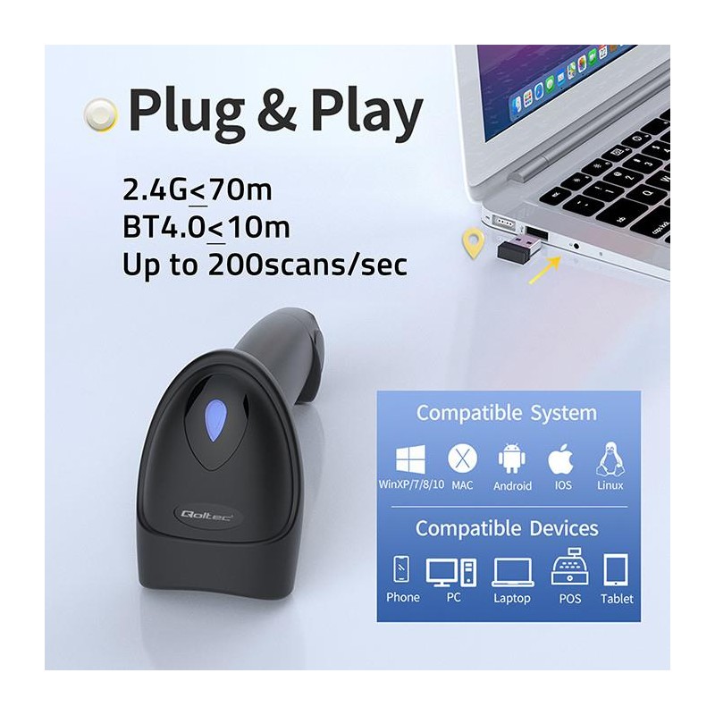 Czytnik kodów kreskowych Qoltec i QR | 1D 2D | USB | Bluetoo… | PartsPC.pl