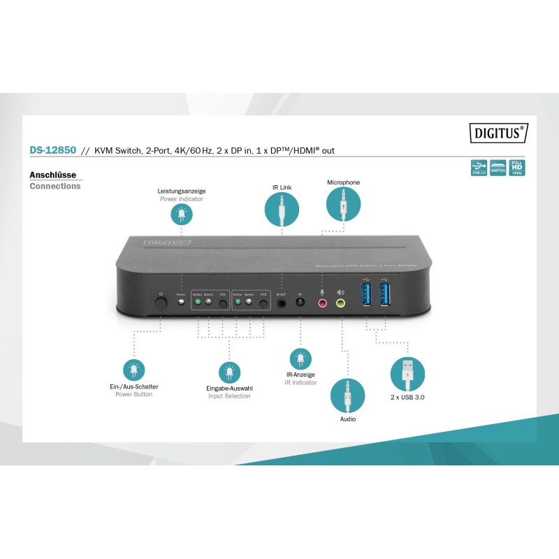 Przełącznik KVM DIGITUS 2 portowy DisplayPort do 1 port DP/H… | PartsPC.pl