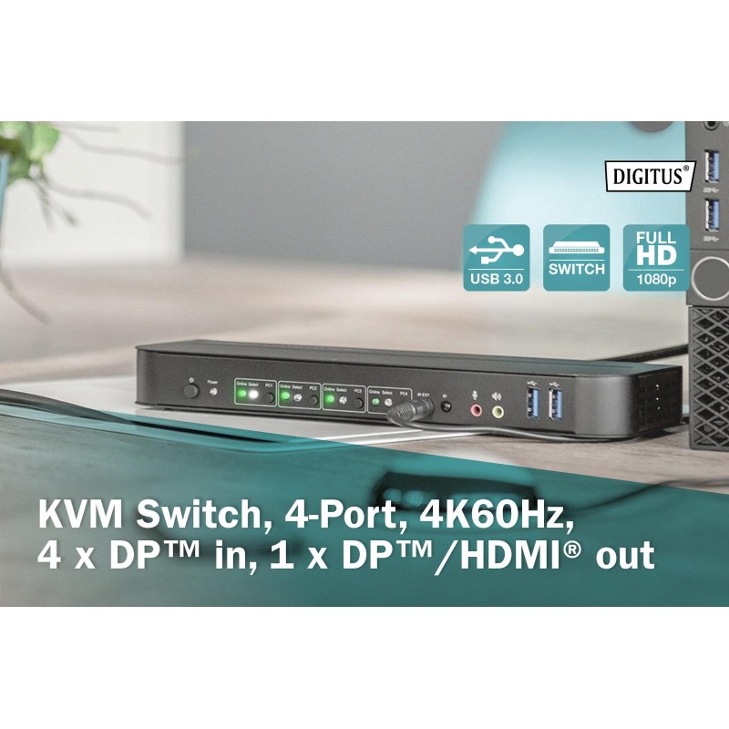 Przełącznik KVM DIGITUS 4 portowy DisplayPort do 1 port DP/H… | PartsPC.pl