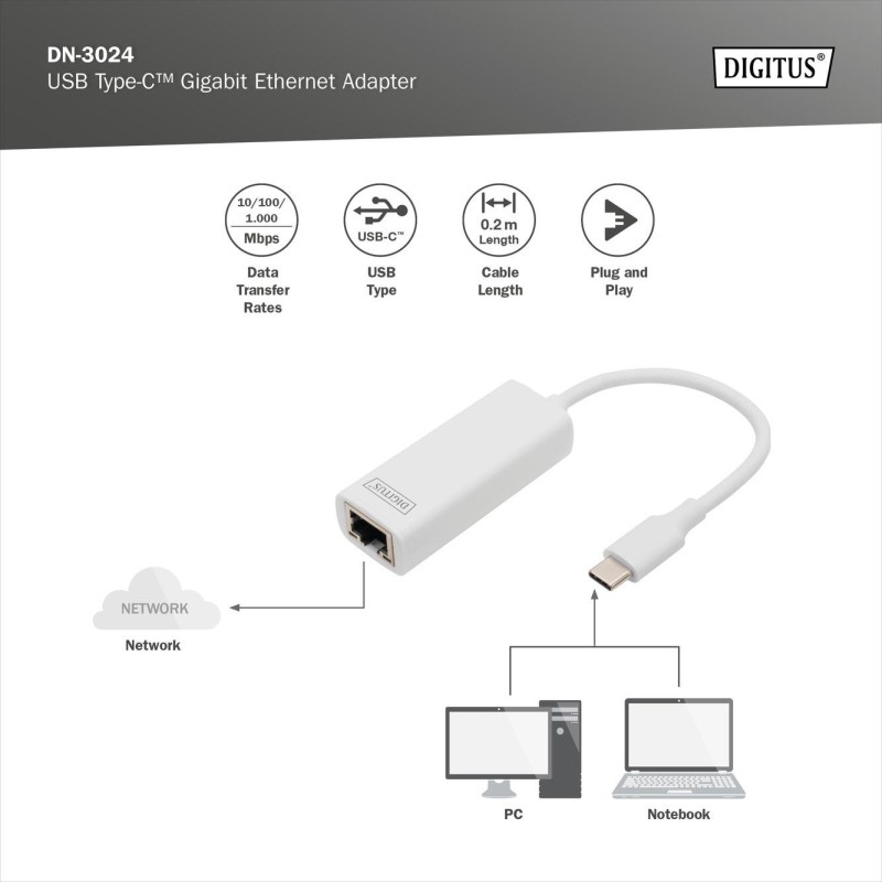 Karta sieciowa DIGITUS przewodowa USB 3.0 Typ C do Gigabit Ethernet