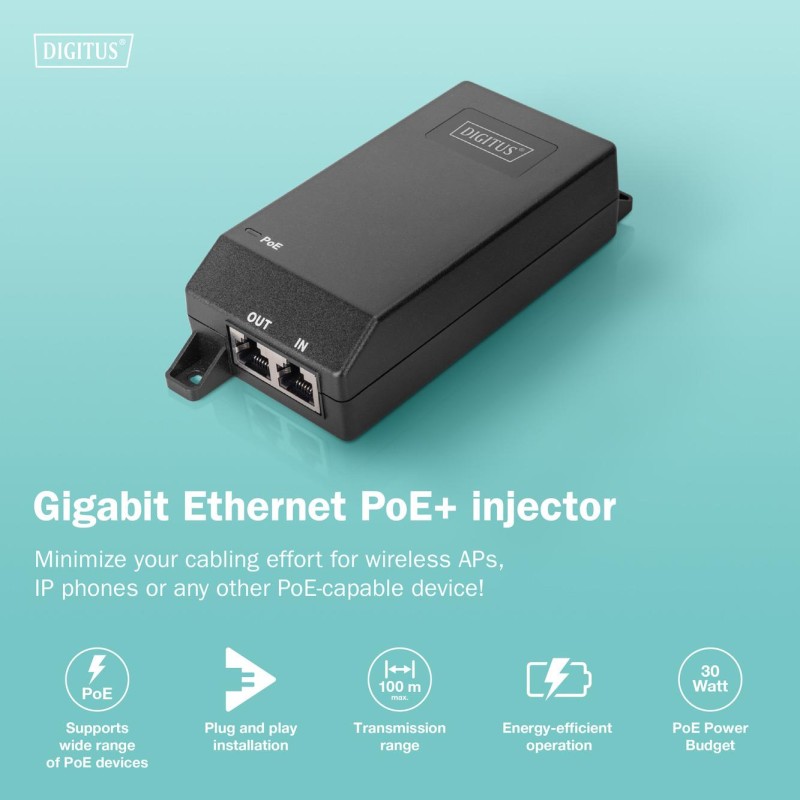 Zasilacz/Adapter PoE+ DIGITUS 802.3at aktywny max. 55V 30W 1… | PartsPC.pl