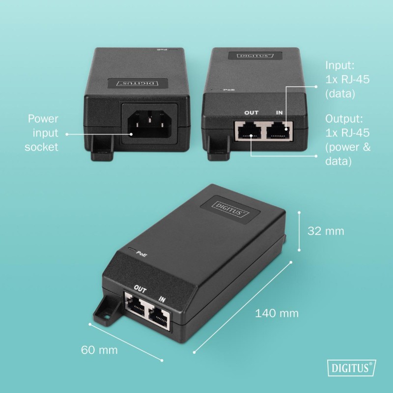 Zasilacz/Adapter PoE+ DIGITUS 802.3at aktywny max. 55V 30W 1… | PartsPC.pl