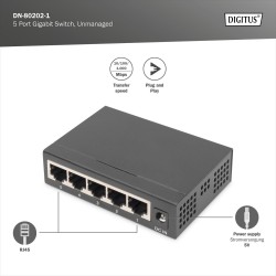 Switch niezarządzalny DIGITUS 5-portowy Gigabit Ethernet 10/… | PartsPC.pl