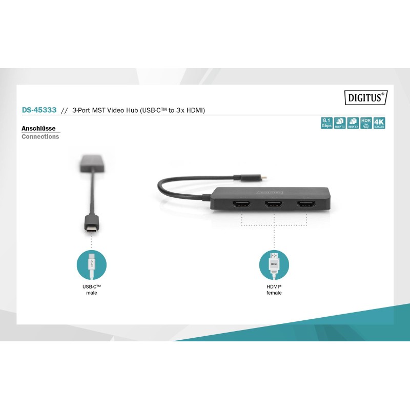 Hub/Koncentrator DIGITUS 3-portowy USB Typ C/3x HDMI 4K/60Hz HDR HDCP 2.2