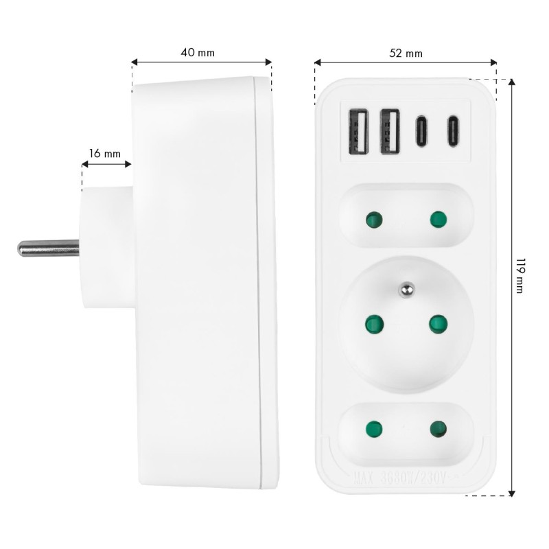 Gniazdko prądowe x3 + 4xUSB Maclean MCE248 F/W, rozgałęźnik … | PartsPC.pl