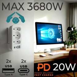Gniazdko prądowe x3 + 4xUSB Maclean MCE248 F/W, rozgałęźnik … | PartsPC.pl