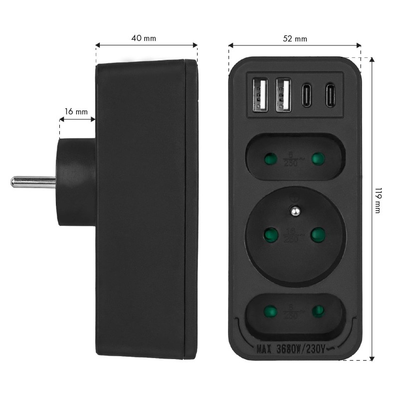 Gniazdko prądowe x3 + 4xUSB Maclean MCE248 F/B, rozgałęźnik … | PartsPC.pl