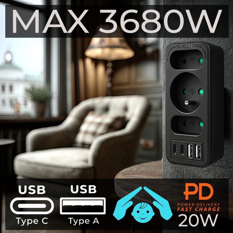 Gniazdko prądowe x3 + 4xUSB Maclean MCE248 F/B, rozgałęźnik … | PartsPC.pl