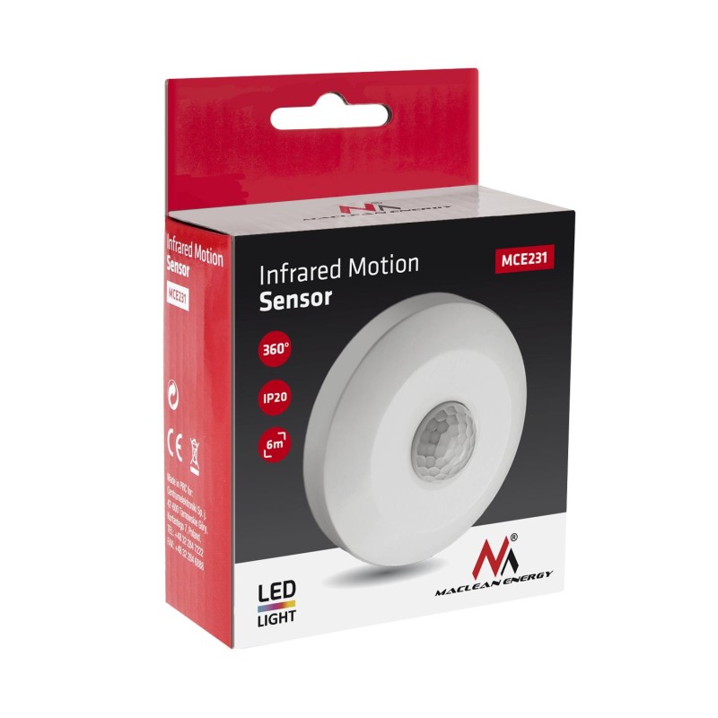 Czujnik ruchu PIR Maclean MCE231 sufitowy max 100W (LED) zasięg 6m