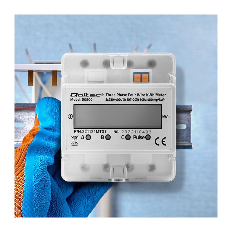 Miernik zużycia energii Qoltec na szynę DIN | trójfazowy elektroniczny
