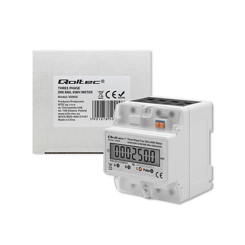 Miernik zużycia energii Qoltec na szynę DIN | trójfazowy elektroniczny