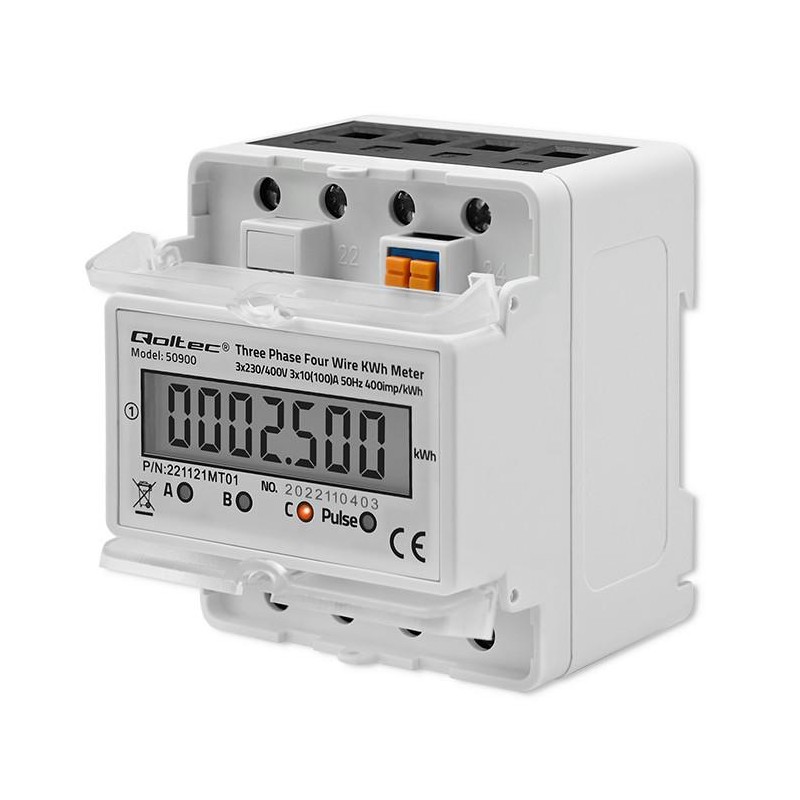 Miernik zużycia energii Qoltec na szynę DIN | trójfazowy elektroniczny