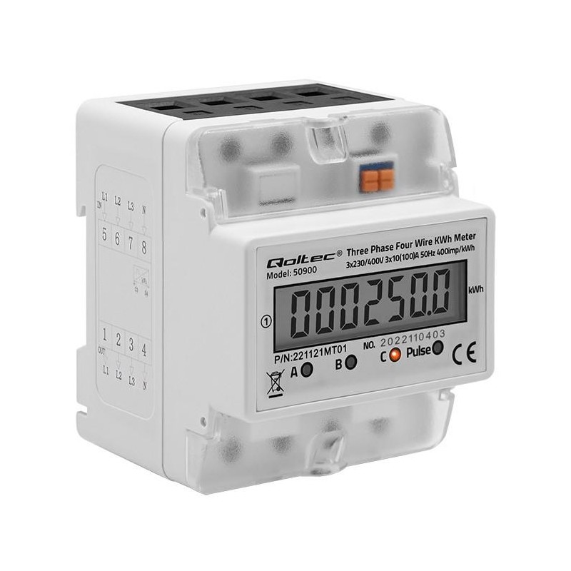 Miernik zużycia energii Qoltec na szynę DIN | trójfazowy elektroniczny