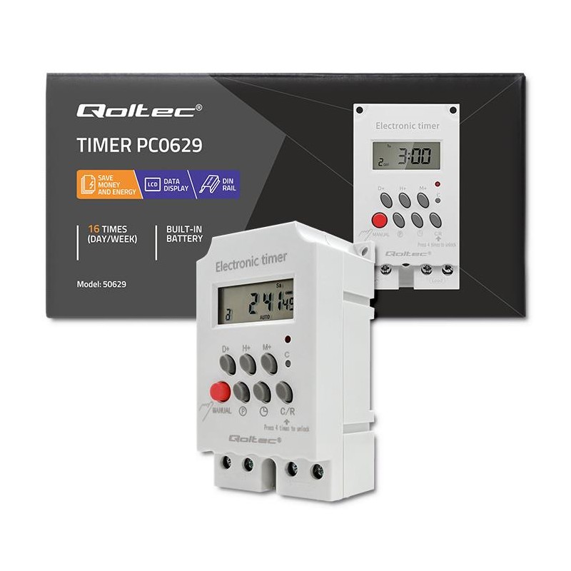 Programator czasowy Qoltec elektroniczny PC0629 na szynę DIN| LCD