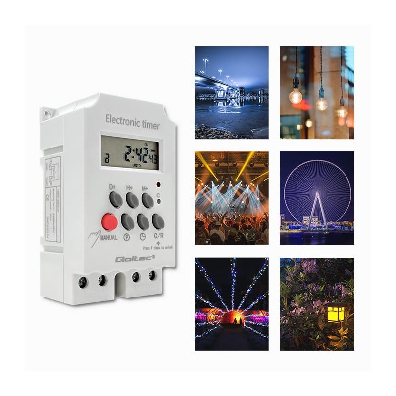 Programator czasowy Qoltec elektroniczny PC0629 na szynę DIN| LCD
