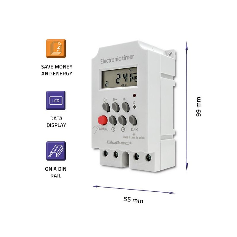 Programator czasowy Qoltec elektroniczny PC0629 na szynę DIN| LCD