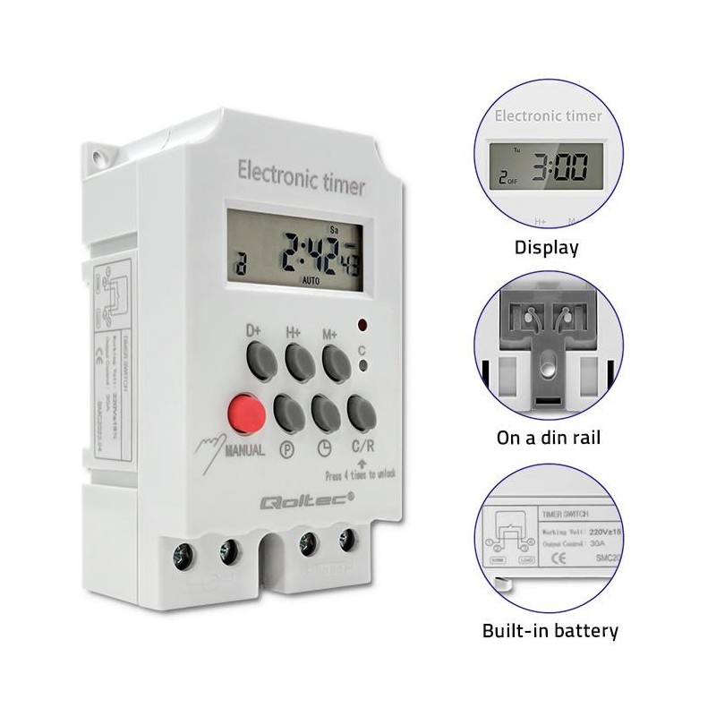 Programator czasowy Qoltec elektroniczny PC0629 na szynę DIN| LCD
