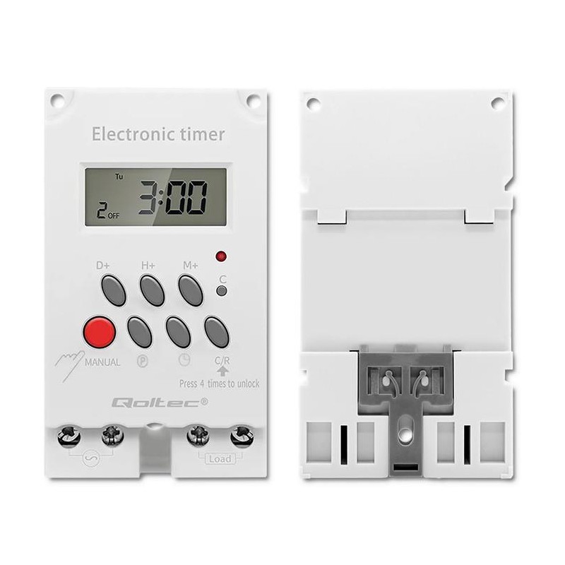 Programator czasowy Qoltec elektroniczny PC0629 na szynę DIN| LCD