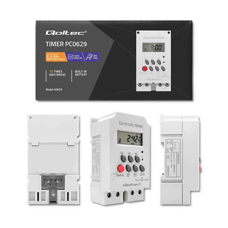 Programator czasowy Qoltec elektroniczny PC0629 na szynę DIN| LCD