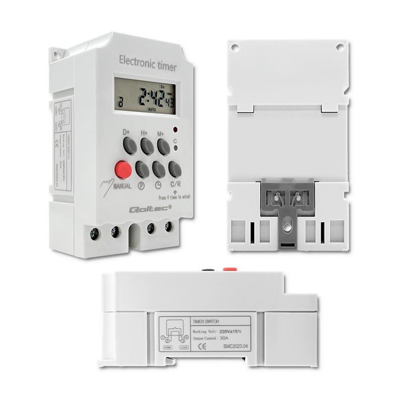 Programator czasowy Qoltec elektroniczny PC0629 na szynę DIN| LCD