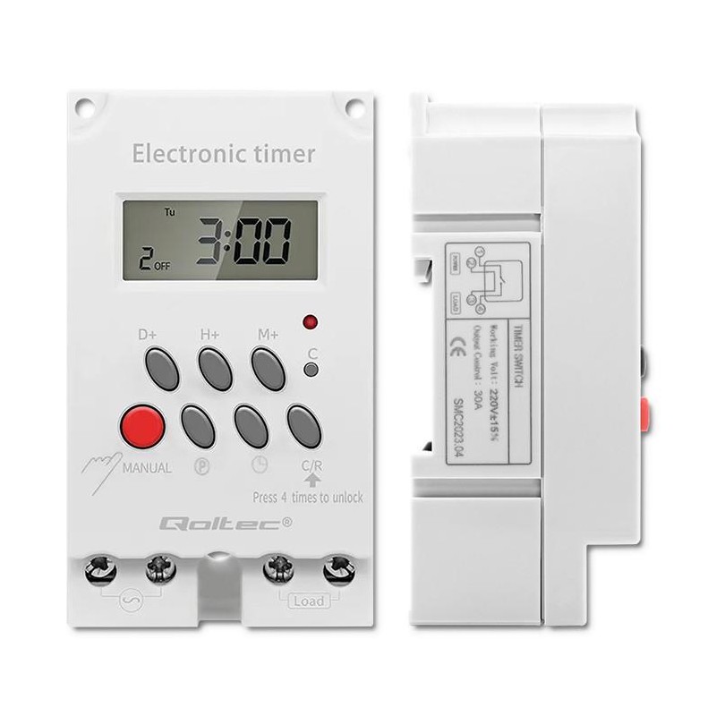 Programator czasowy Qoltec elektroniczny PC0629 na szynę DIN| LCD