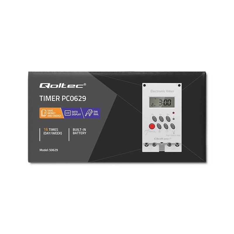 Programator czasowy Qoltec elektroniczny PC0629 na szynę DIN| LCD