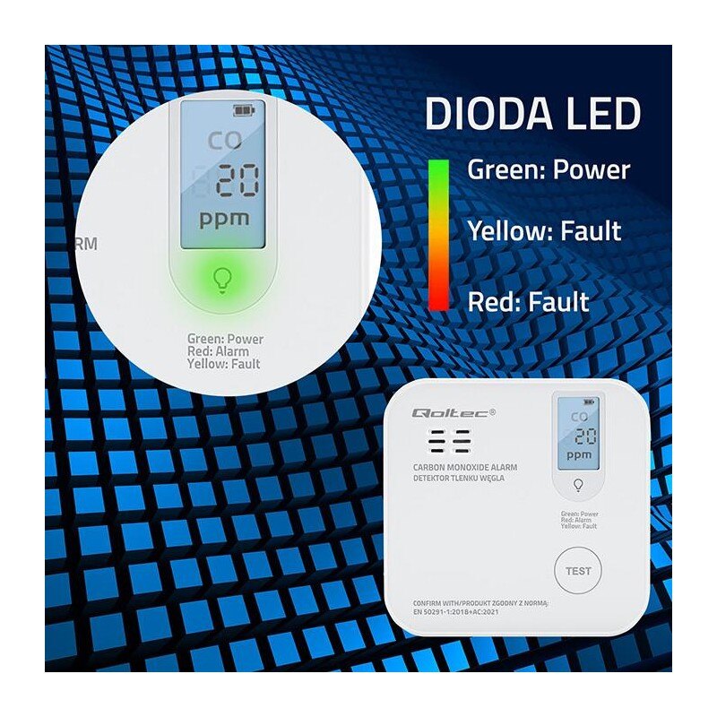 Czujnik tlenku węgla Qoltec z baterią | alarm 85dB | LED | PartsPC.pl