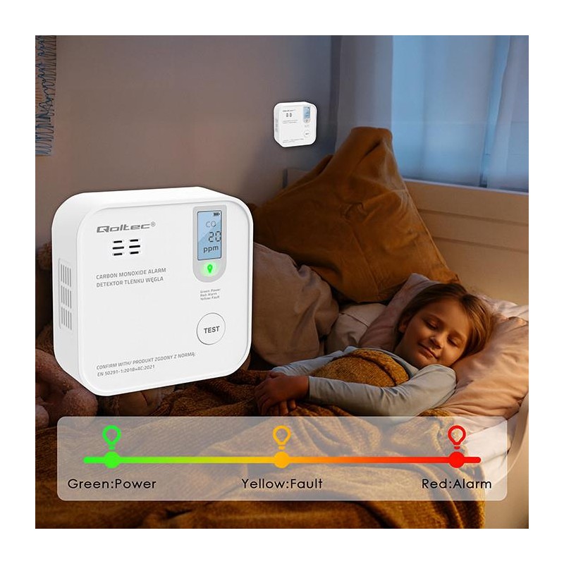 Czujnik tlenku węgla Qoltec z baterią | alarm 85dB | LED | PartsPC.pl