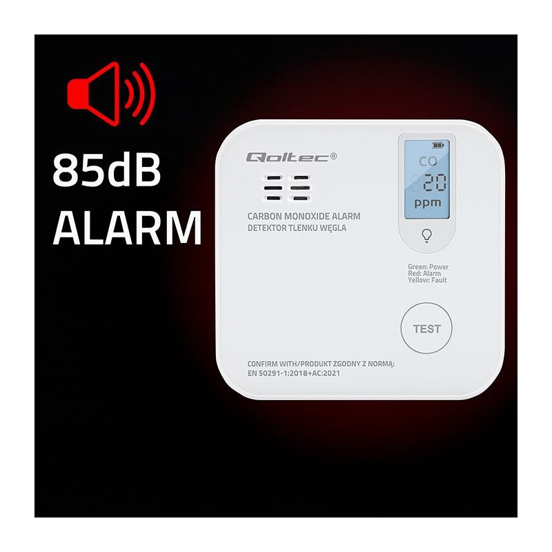 Czujnik tlenku węgla Qoltec z baterią | alarm 85dB | LED | PartsPC.pl