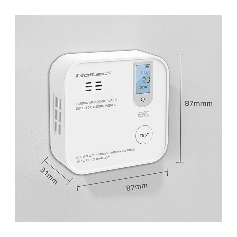 Czujnik tlenku węgla Qoltec z baterią | alarm 85dB | LED | PartsPC.pl