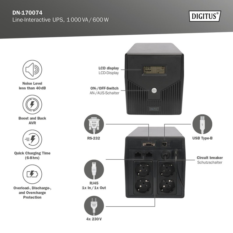 Zasilacz awaryjny UPS DIGITUS Line-Ineractive LCD 1000VA/600… | PartsPC.pl